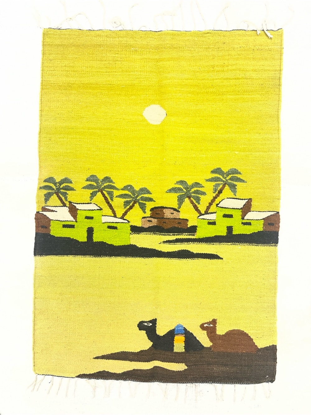 Bright Yellow Desert Cotton Bath Mat with Camel Motif. Egyptian handmade
